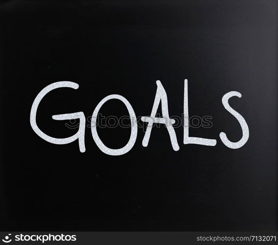 "The word "Goals" handwritten with white chalk on a blackboard"