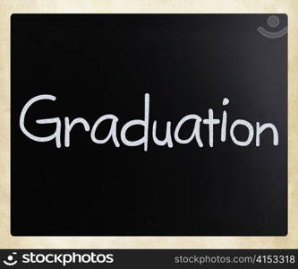 "The word "Graduation" handwritten with white chalk on a blackboard"