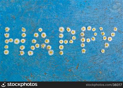 The word Happy written of daisy flowers on a textured, aged, light blue background. top view with copy space