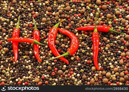 The word HOT on the pepper background