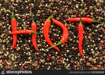 The word HOT on the pepper background
