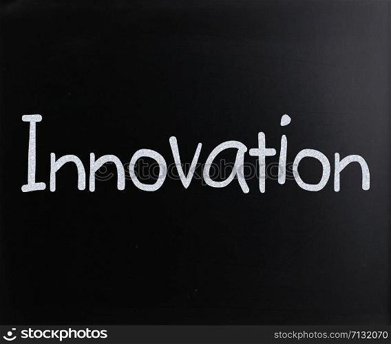 "The word "Innovation" handwritten with white chalk on a blackboard"
