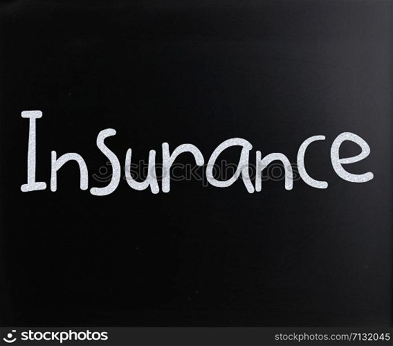 "The word "Insurance" handwritten with white chalk on a blackboard"