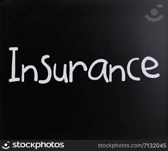 "The word "Insurance" handwritten with white chalk on a blackboard"