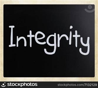 "The word "Integrity" handwritten with white chalk on a blackboard"