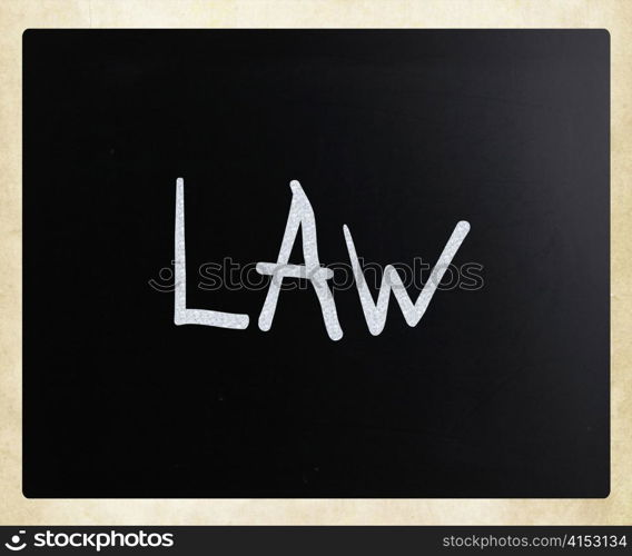 "The word "Law" handwritten with white chalk on a blackboard"