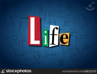 The word Life made from cutout letters on a blue background