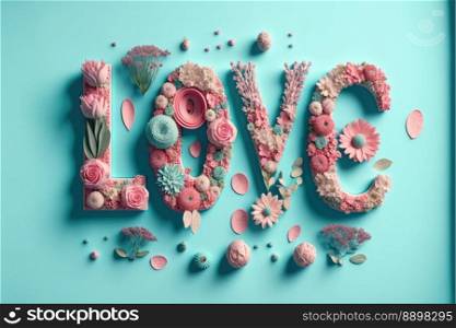 The word love decorated with pastel flowers and leavwes. Soft pastel blue background. Floral love decoration. Generative AI