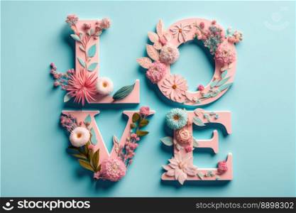 The word love decorated with pastel flowers and leavwes. Soft pastel blue background. Floral love decoration. Generative AI