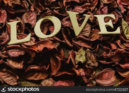 The word Love on dry red petals