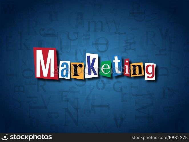 The word Marketing made from cutout letters on a blue background