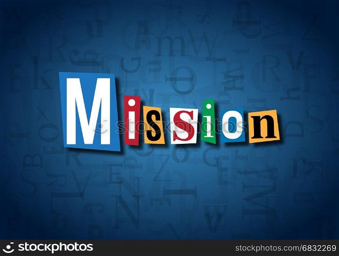 The word Mission made from cutout letters on a blue background