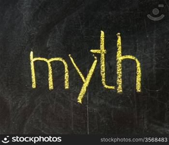 The word MYTH handwritten with chalk on a blackboard