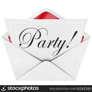 The word Party in script or cursive letters on a linen paper invitation coming out of an opened envelope, inviting you to a special event for a fun time