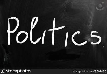"The word "Politics" handwritten with white chalk on a blackboard"