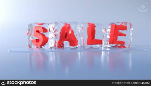 "The word "sale" is in an ice cube on a light blue backdrop. "