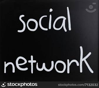 "The word "Social network" handwritten with white chalk on a blackboard"