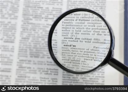 The word success in a dictionary, seen through a magnifying glass