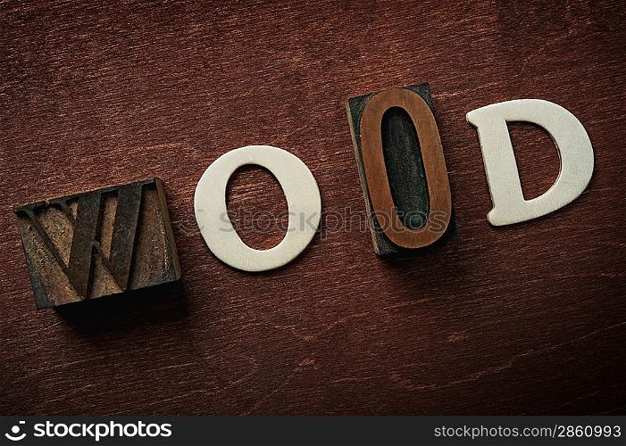 The word wood written on wooden background