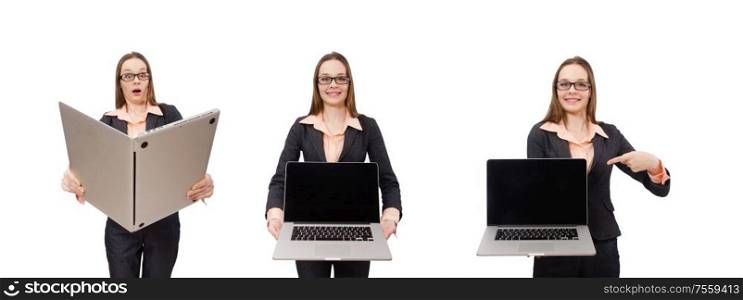 The working lady with laptop isolated on white. Working lady with laptop isolated on white