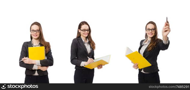 The working lady with paper isolated on white. Working lady with paper isolated on white