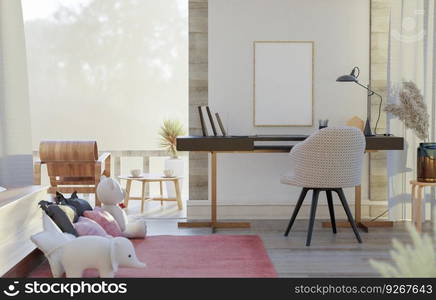 The working room consists of a workbench and a picture frame on the wall.