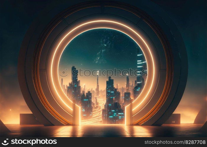 The world revolution of through circle future portal. Background of skyscraper with moon spotlight. Finest generative AI.. The world revolution of through circle future portal, background of skyscraper.