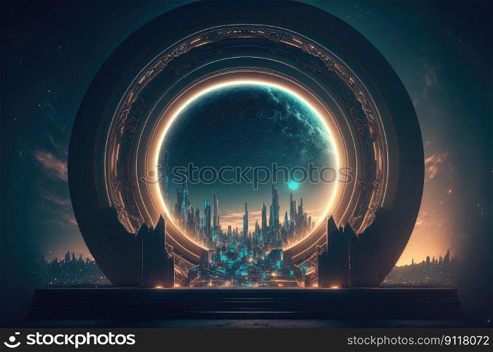 The world revolution of through circle future portal. Background of skyscraper with moon spotlight. Finest generative AI.. The world revolution of through circle future portal, background of skyscraper.