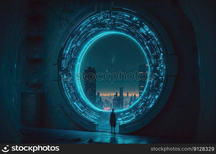 The world revolution of through circle future portal. Background of skyscraper with moon spotlight. Finest generative AI.. The world revolution of through circle future portal, background of skyscraper.