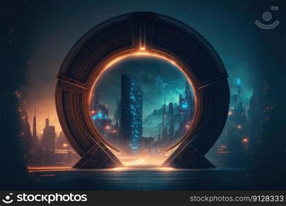 The world revolution of through circle future portal. Background of skyscraper with moon spotlight. Finest generative AI.. The world revolution of through circle future portal, background of skyscraper.