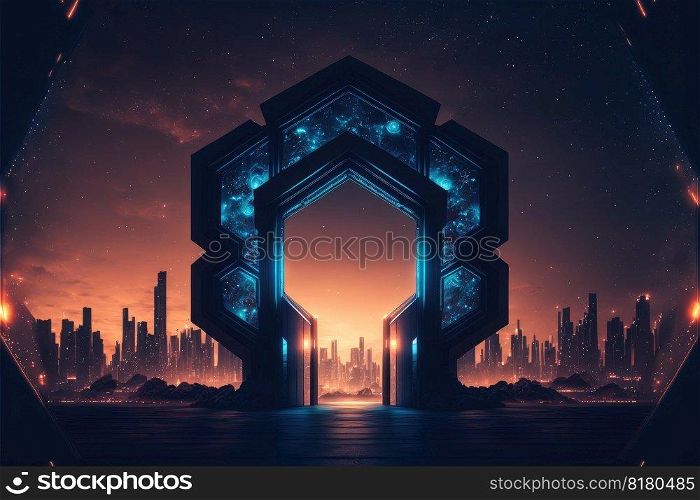 The world revolution of through hexagon modernism future portal. Background of skyscraper with moon spotlight. Finest generative AI.. The world revolution of through hexagon modernism future portal, background of skyscraper.