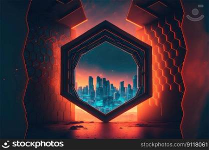 The world revolution of through hexagon modernism future portal. Background of skyscraper with moon spotlight. Finest generative AI.. The world revolution of through hexagon modernism future portal, background of skyscraper.