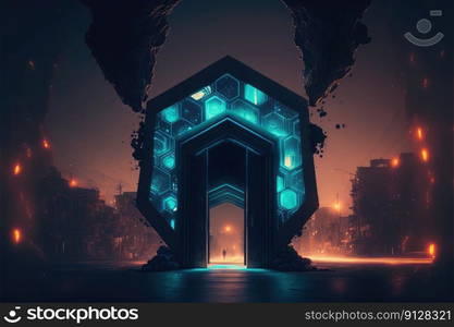 The world revolution of through hexagon modernism future portal. Background of skyscraper with moon spotlight. Finest generative AI.. The world revolution of through hexagon modernism future portal, background of skyscraper.