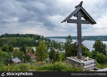 The worship cross on Mount Levitan, which is a monument to all Orthodox Christians buried here for many centuries, Plyos, Russia.