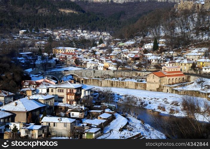 The Yantra river and Asenov district of Veliko Turnovo in Bulgaria in the winter