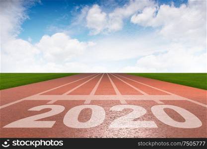 The year 2020 concept with running track. Year 2020 concept with running track