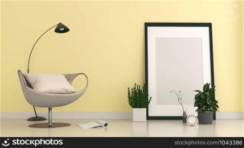 The yellow armchair in the living room wall color blue,3d rendering