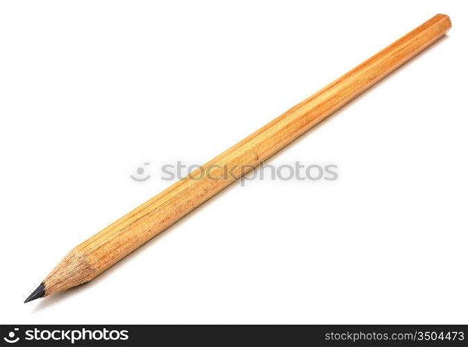 The yellow ground pencil lies is isolated on a snow-white background