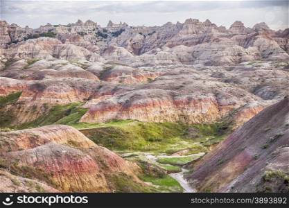 The Yellow Mounds area of the Badlands is characterized by the yellow and red colors of the weathered and eroded mud of the ancient sea floor.