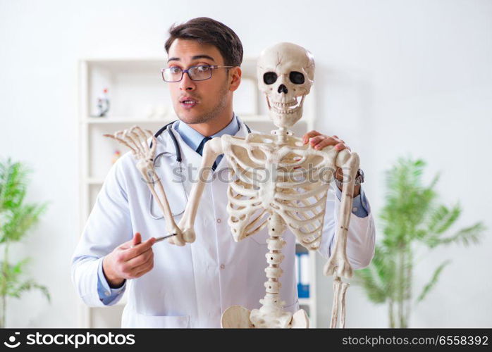 The yong male doctor with skeleton isolated on white. Yong male doctor with skeleton isolated on white