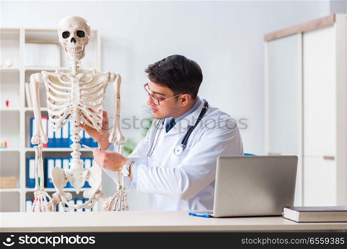 The yong male doctor with skeleton isolated on white. Yong male doctor with skeleton isolated on white