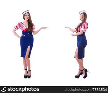 The young airhostess holding hands isolated on white. Young airhostess holding hands isolated on white