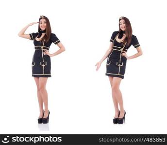 The young airhostess saluting isolated on white. Young airhostess saluting isolated on white