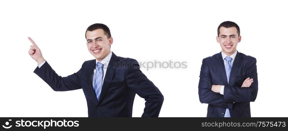 The young attractive businessman pointing isolated on white. Young attractive businessman pointing isolated on white