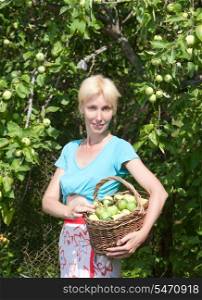 The young attractive woman with a basket of apples in a garden.