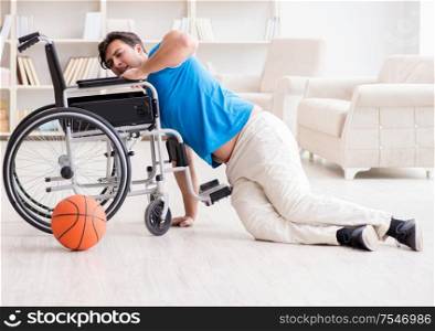 The young basketball player on wheelchair recovering from injury. Young basketball player on wheelchair recovering from injury