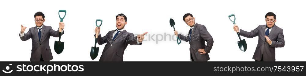 The young businessman holding a spade isolated on white. Young businessman holding a spade isolated on white