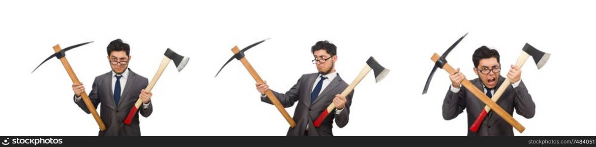 The young businessman holding a tool isolated on white. Young businessman holding a tool isolated on white