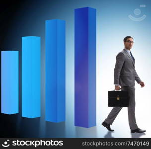 The young businessman in business concept with bar charts. Young businessman in business concept with bar charts