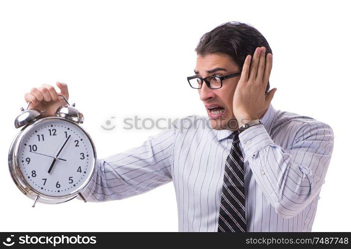 The young businessman in time management concept on white background. Young businessman in time management concept on white background